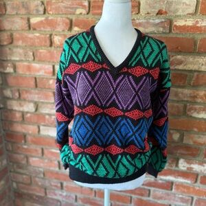 Vintage Metallic V-Neck Sweater with Geometric Patterns